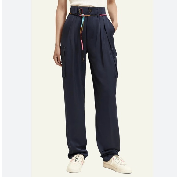Scotch & Soda Pants - Scotch & Soda Navy Satin Faye Utility Wide-Leg Cargo Pants